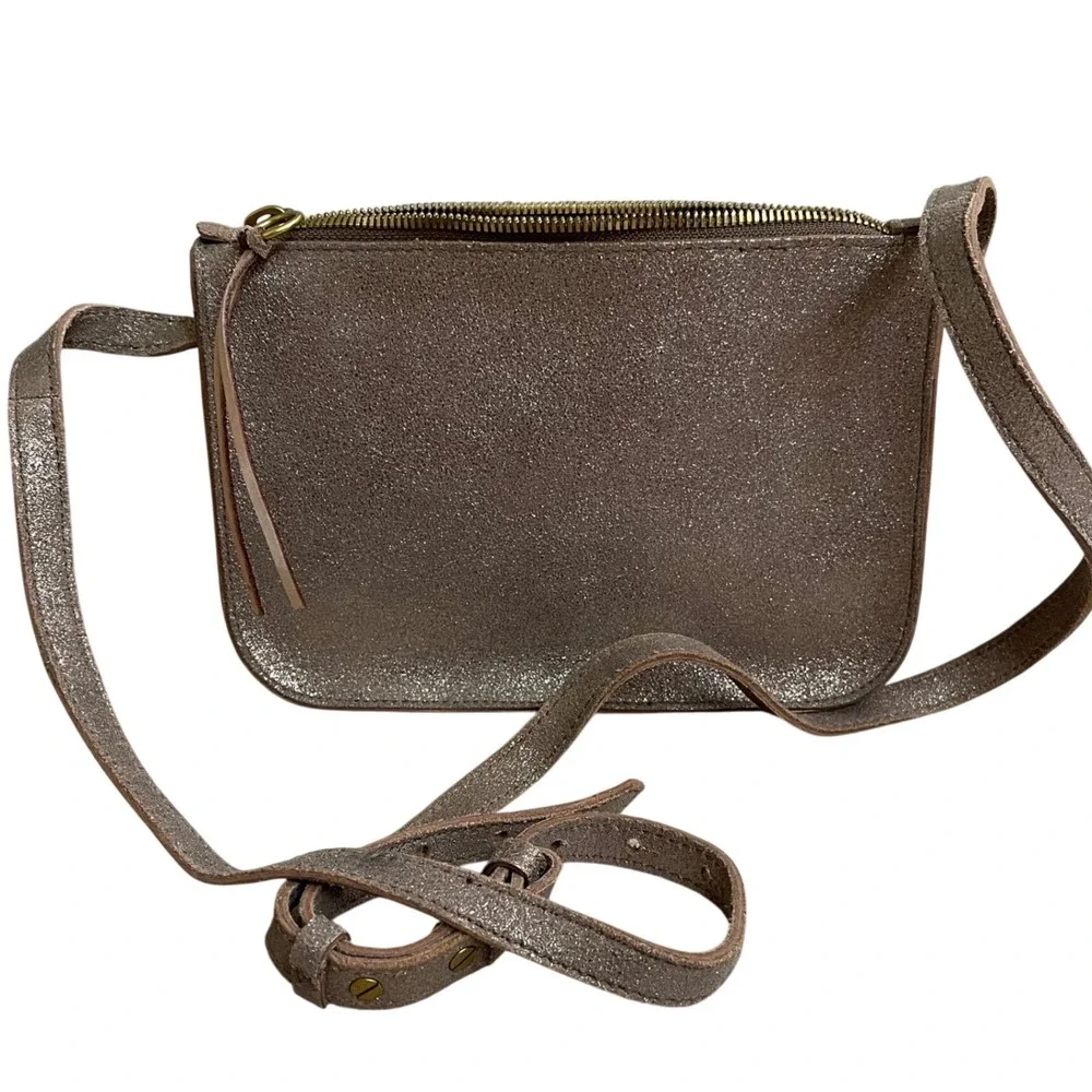 Madewell EUC Metallic Rose Gold Leather Crossbody Bag Zip Top Small Purse Bronze